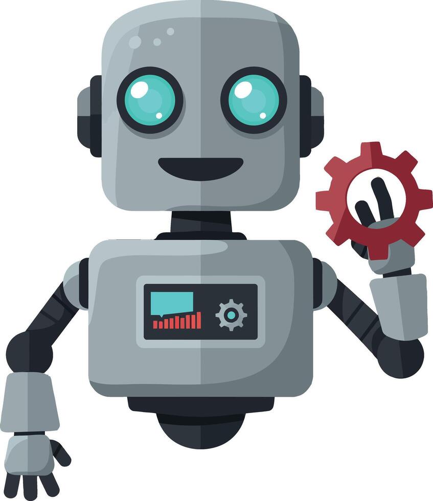 Friendly robot holding red gear illustration with blue eyes and mechanical design vector