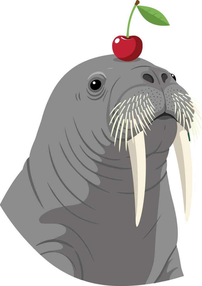 Walrus with Cherry on Head Cute Animal Illustration Artwork vector