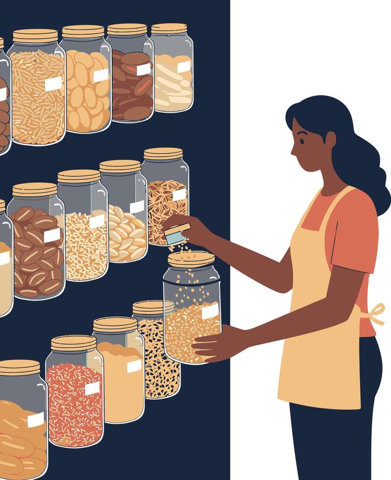 Woman organizing jars with different grains and legumes in kitchen pantry illustration vector