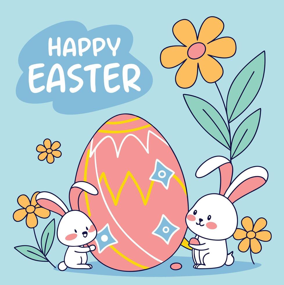Happy easter card with cute rabbits and egg vector