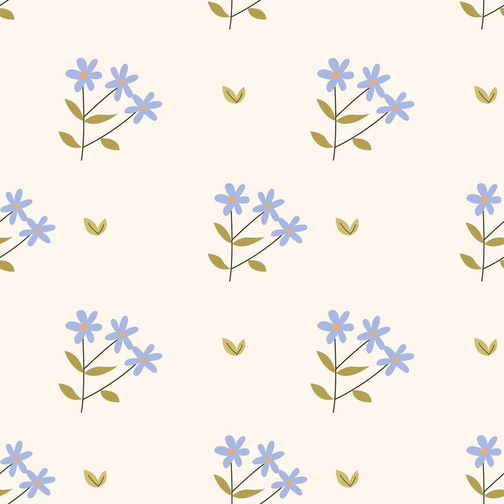 floral patterSeamless n with blue wildflowers and leaves on a soft cream background vector