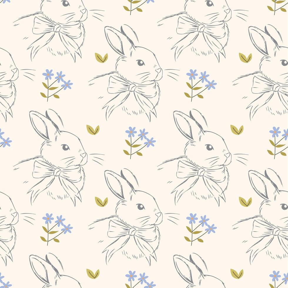 Seamless vintage pattern with hand drawn bunnies in bows and wildflowers on cream background vector