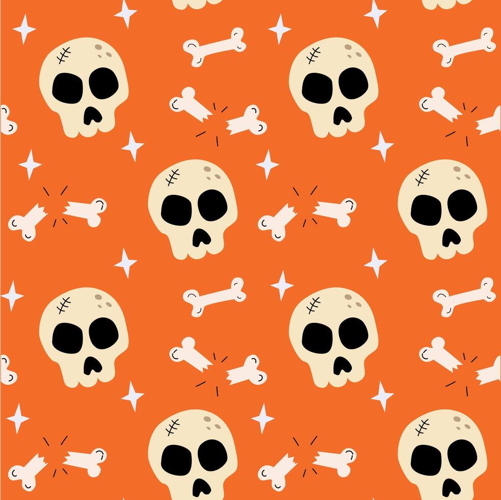 Playful Halloween pattern featuring skulls and bones on a vibrant orange background with sparkles, perfect for spooky-themed designs vector