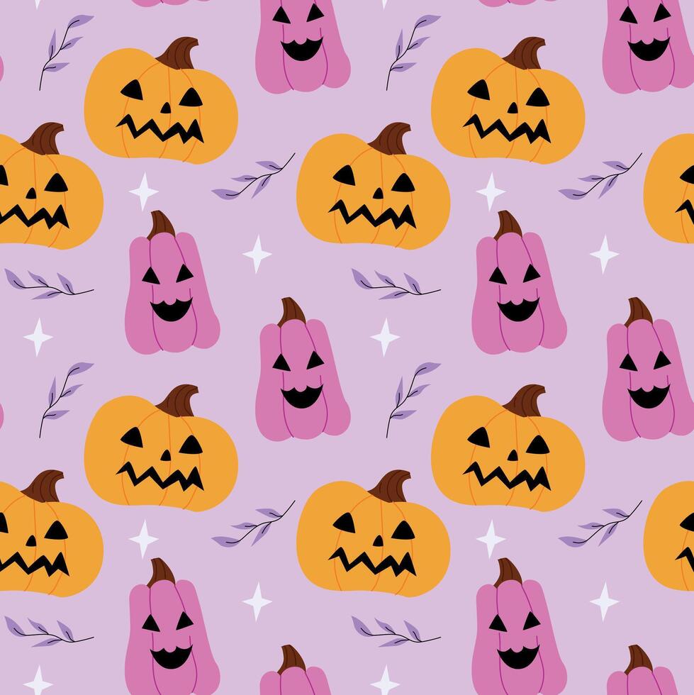 Fun Halloween pattern featuring colorful pumpkins with smiling faces and autumn leaves on a soft purple background, perfect for festive designs vector