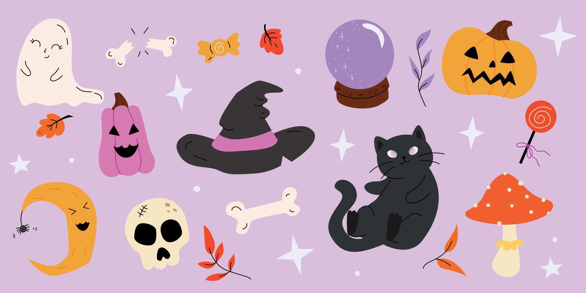 Cute Halloween-themed illustrations featuring a black cat, pumpkin, ghost, witch hat, candy, mushrooms, and other spooky elements on a purple background vector