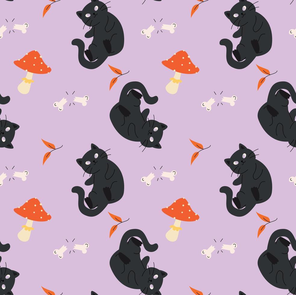 Cute Halloween pattern featuring playful black cats, mushrooms, bones, and autumn leaves on a soft purple background, perfect for whimsical and spooky designs vector