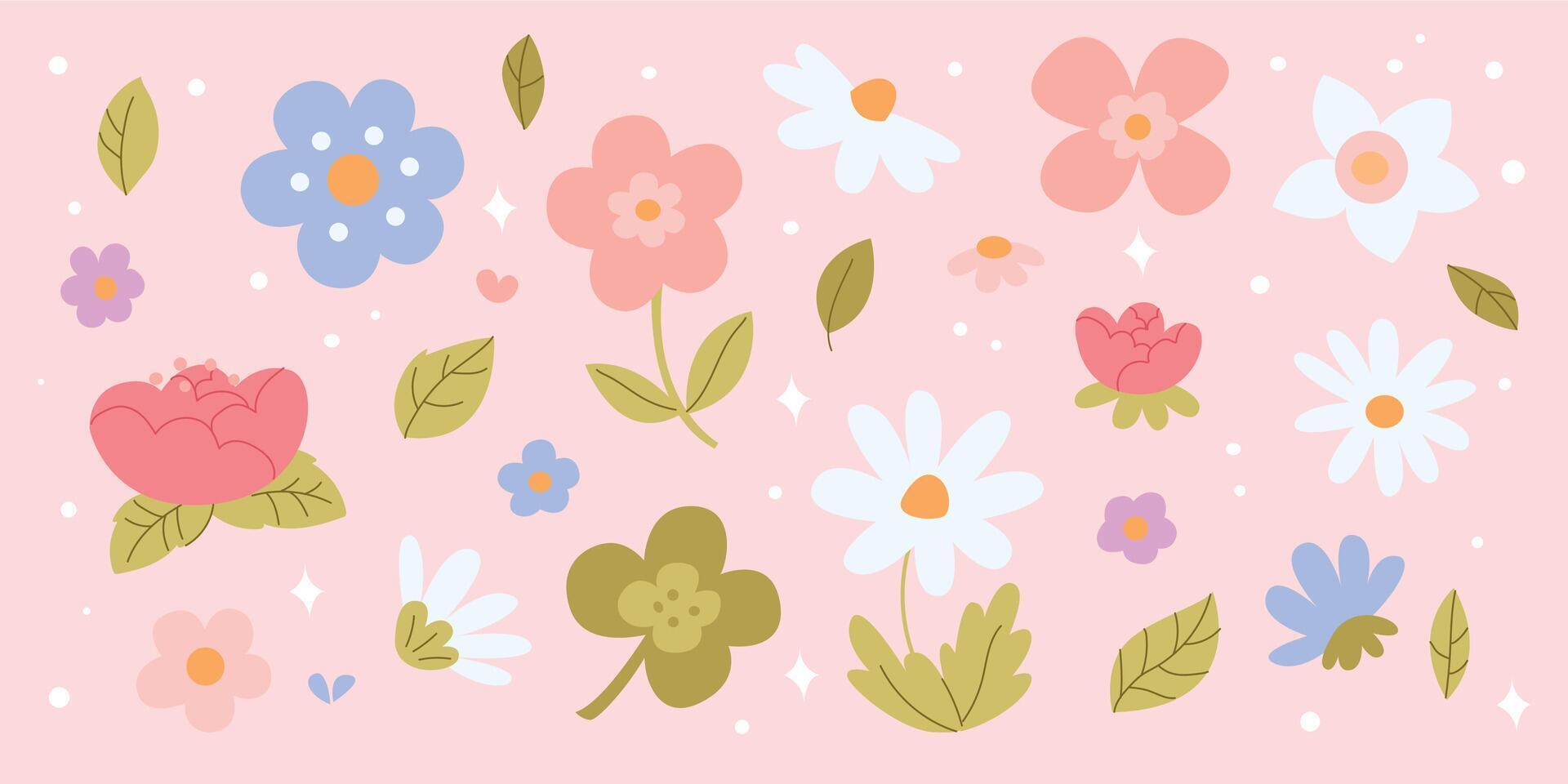 floral set with cute cartoon flowers and leaves on a soft pink background perfect for spring and summer designs vector