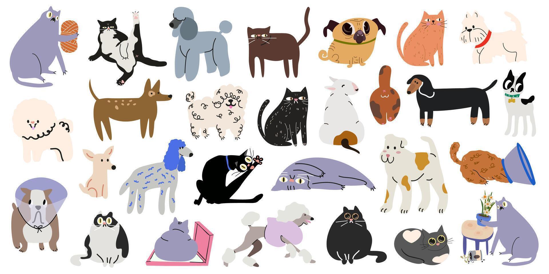 Cartoon cute cats and dogs character collection in various poses and different breeds. Funny domestic animals with happy charming playful expression vector