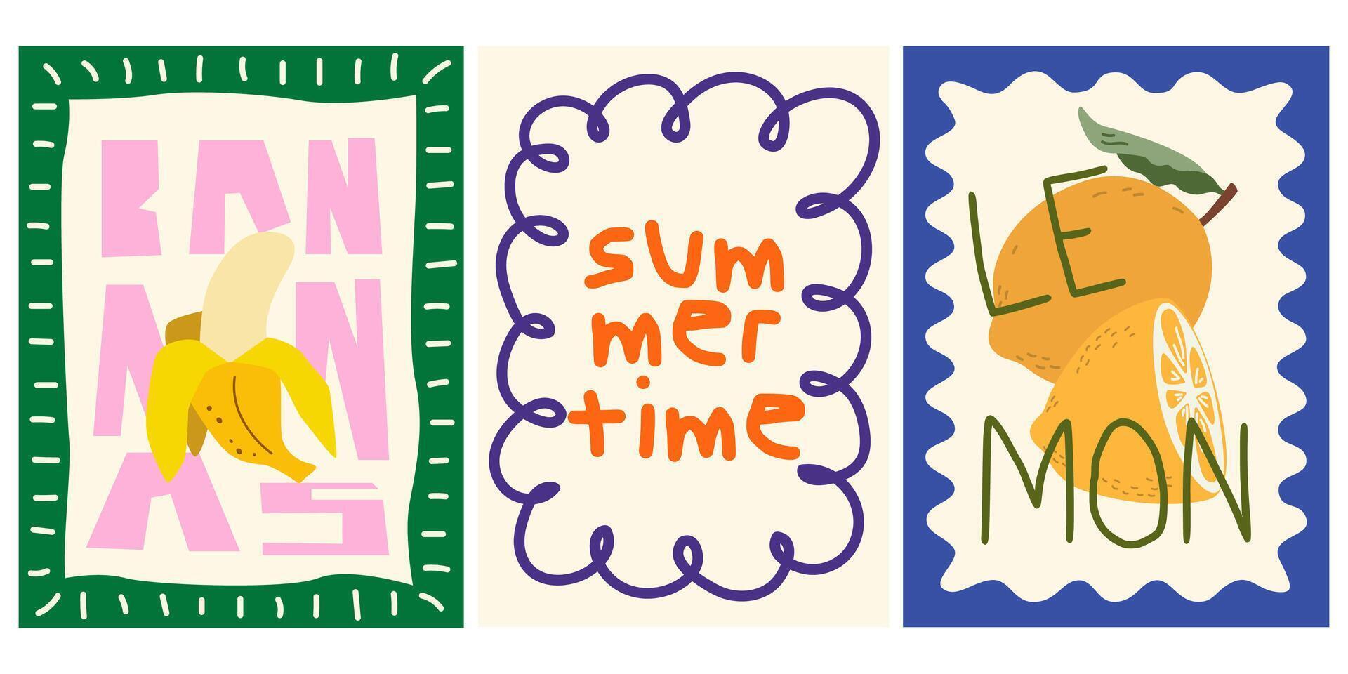 Abstract bright summer posters in retro style. Decor for wallpaper. Banana, lemon, summertime vector