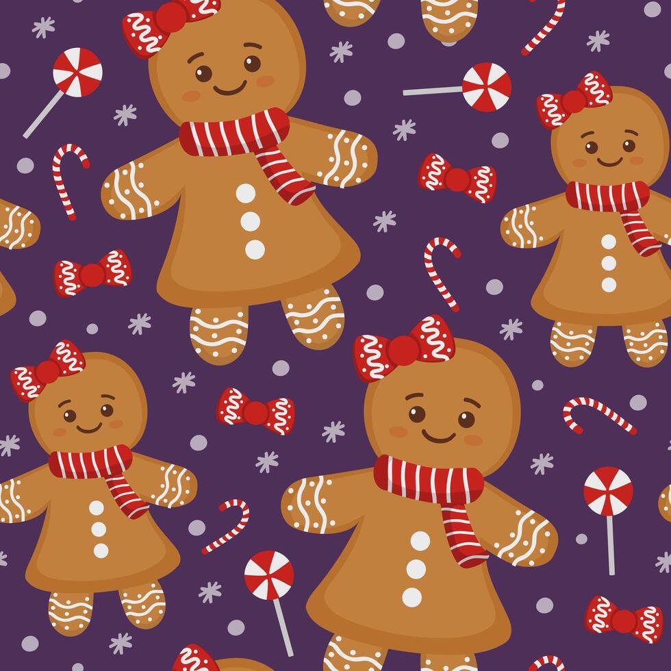 Seamless winter pattern with gingerbread, cocoa and skates vector