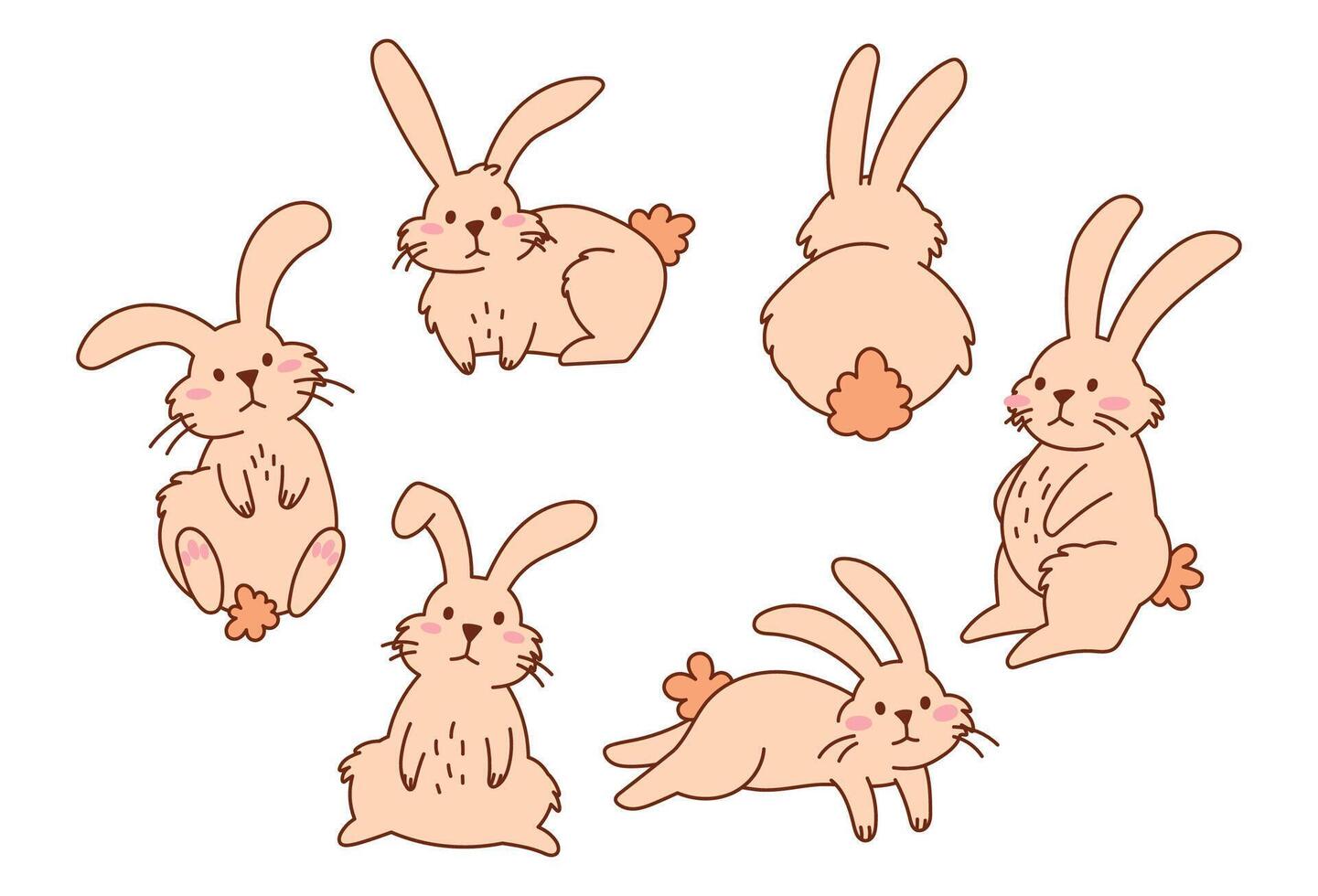 Set of Cute Fluffy Rabbits with Whiskers in Different Poses. Adorable Hand Drawn Bunny Illustrations. Playful Doodle Animals for Kids, Easter, Stickers, Prints, and Digital Projects vector