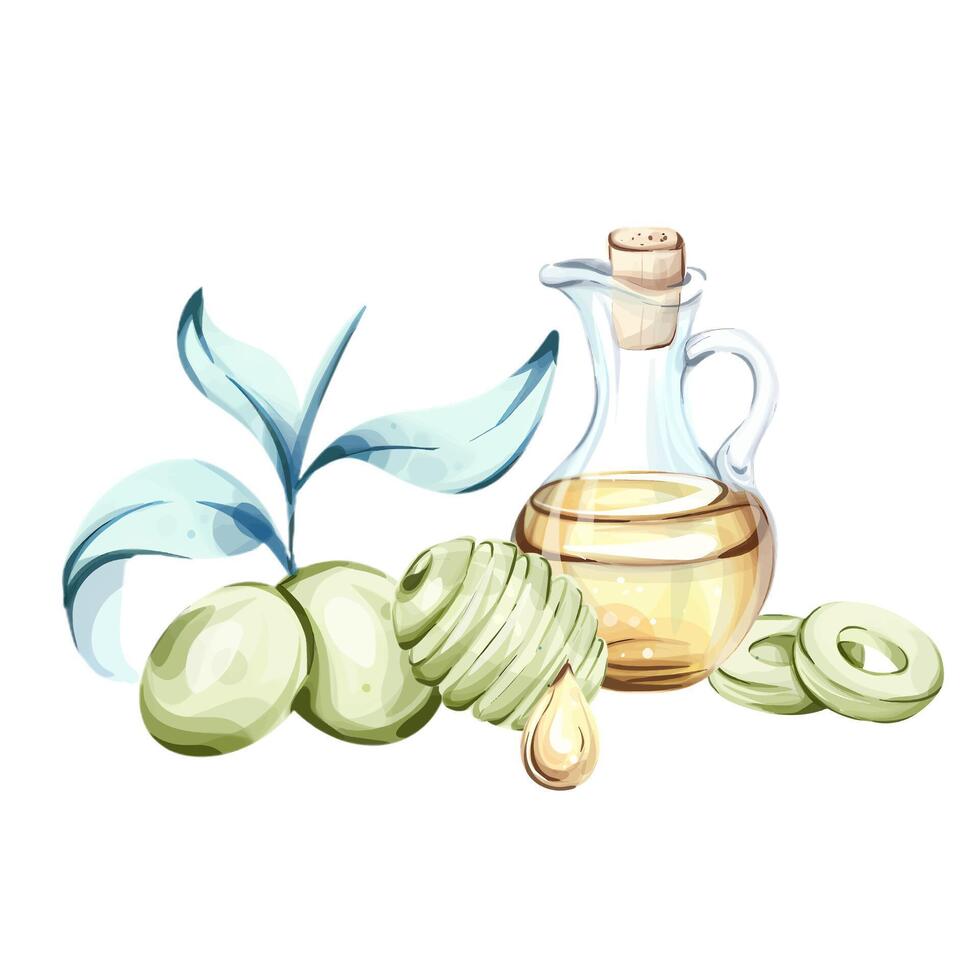 Delicate watercolor illustration of olives and olive oil inspired by Italian cuisine vector
