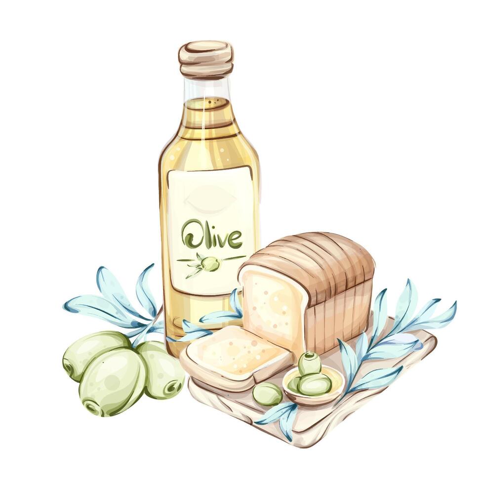 Exploration of olives and olive oil in a watercolor style illustration showcasing the essence of Italian cuisine and nature vector