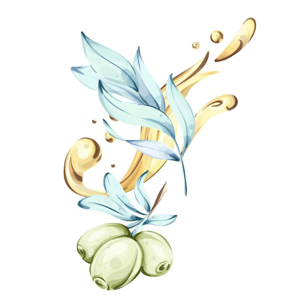 Delicate watercolor illustration of olives and olive oil inspired by Italian cuisin nature vector