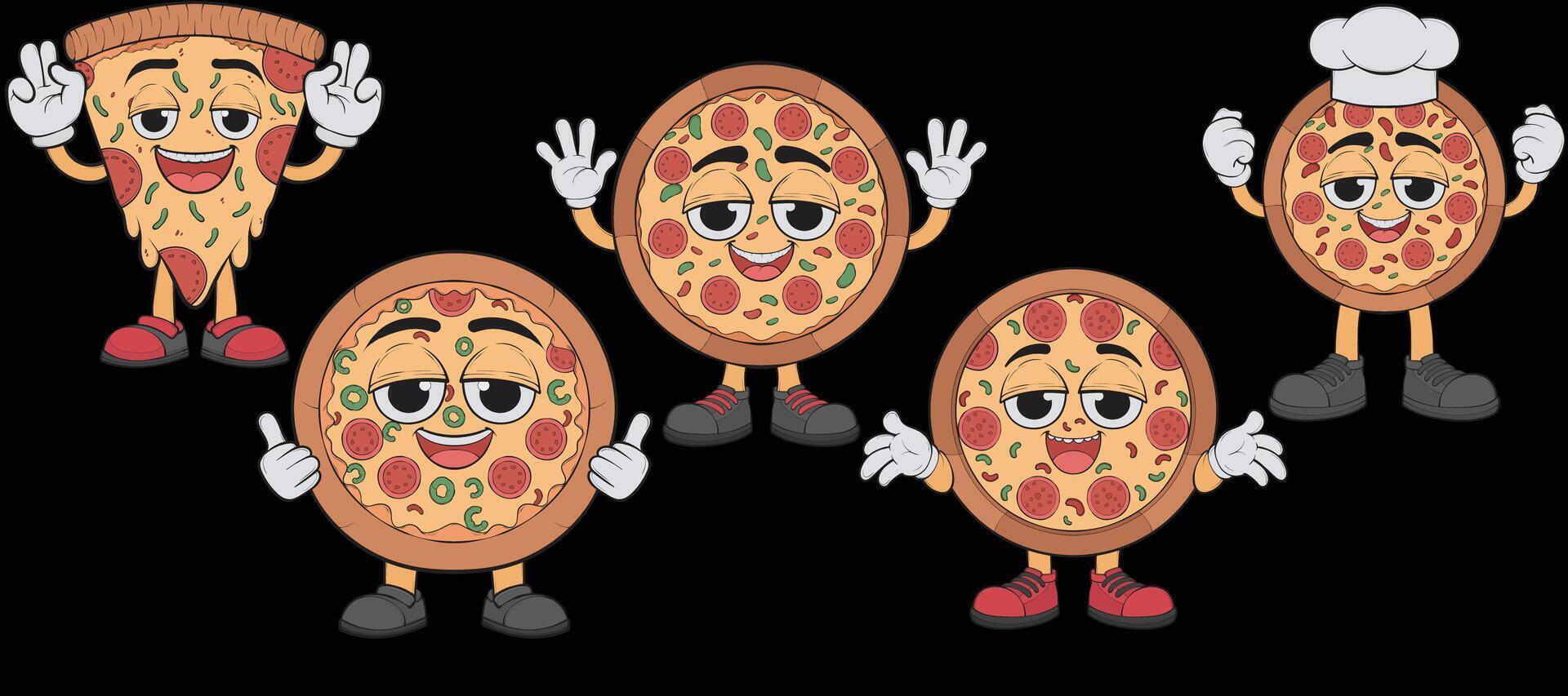 Bundling set Cartoon pizza character. Happy pizza mascot character. vector