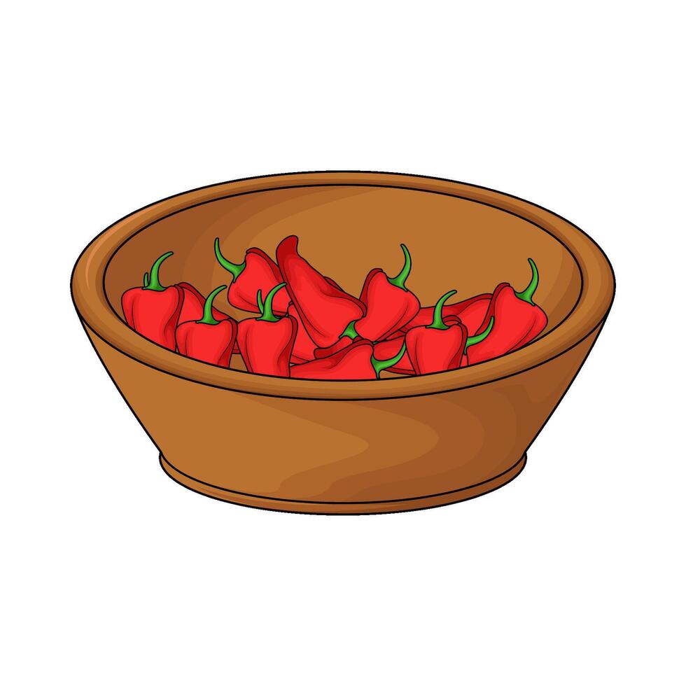 illustration of red chili pepper in wooden bowl vector