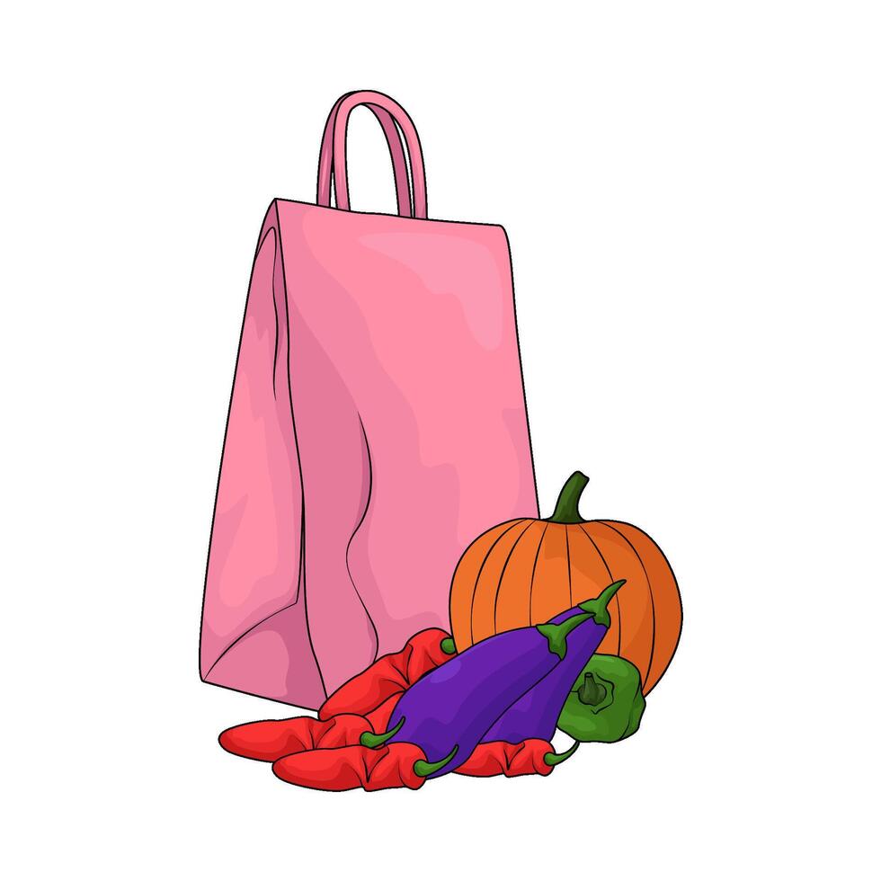 illustration of pink paper bag with vegetables vector