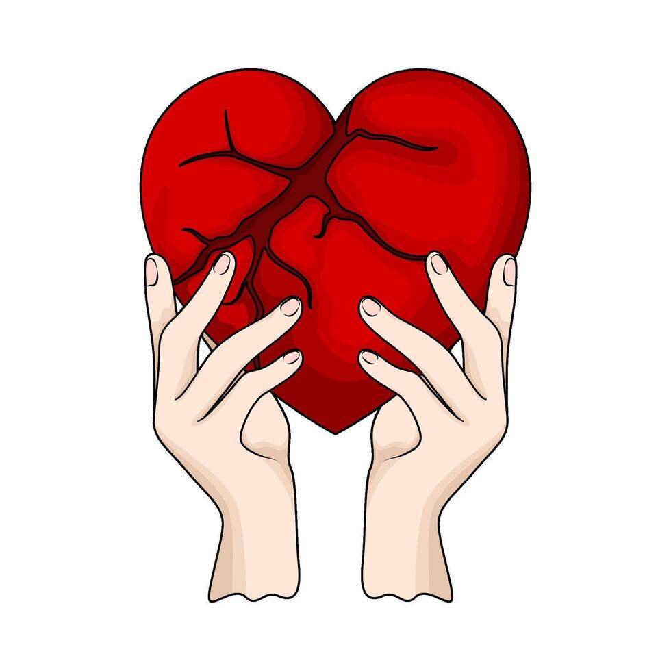 illustration of hands holding a broken red heart vector