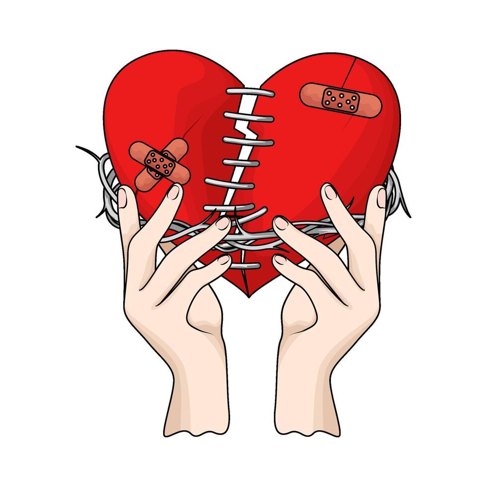 hands holding a broken red heart illustration vector