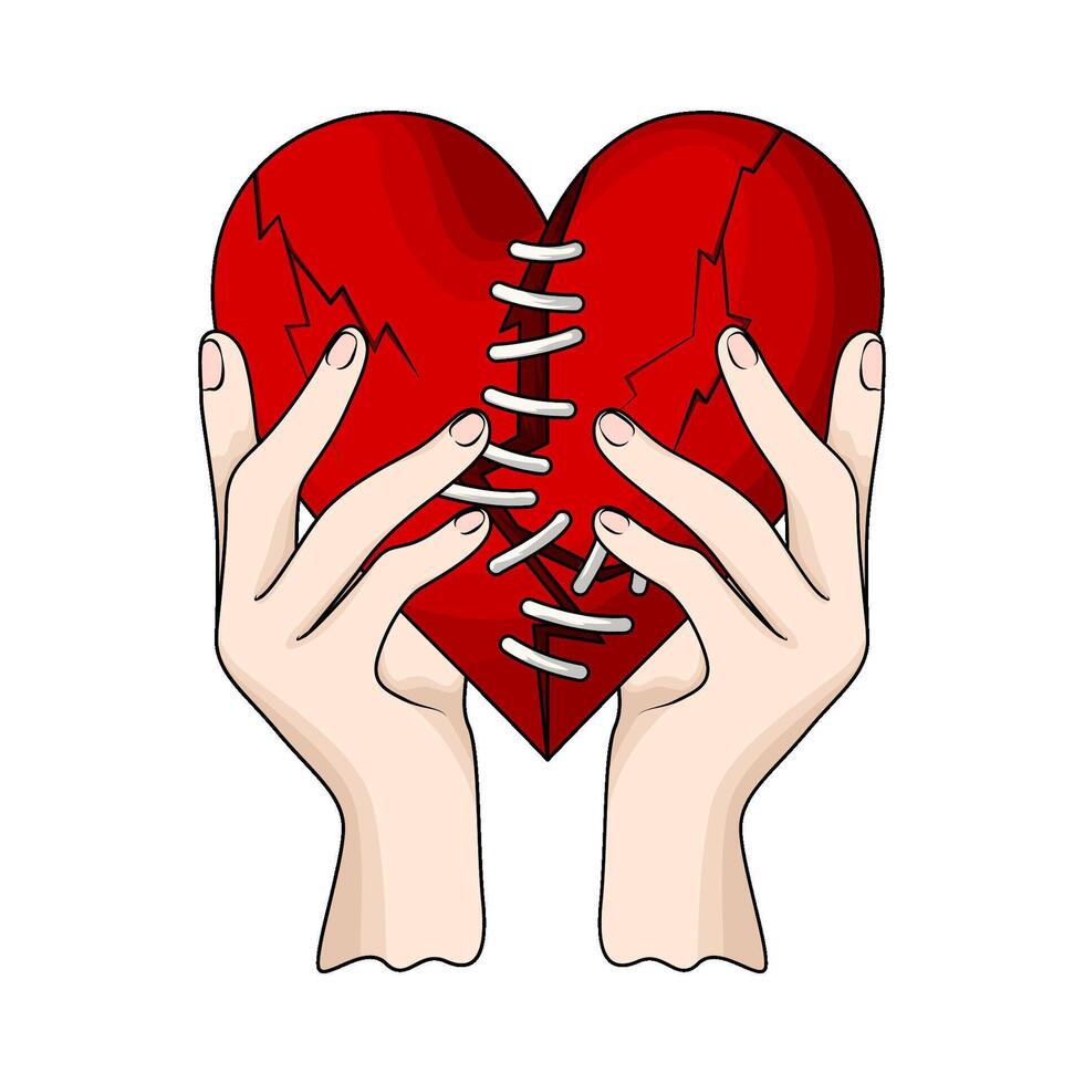 illustration of hand with stitched red heart vector