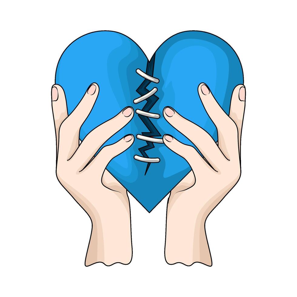hand with stitched blue heart vector