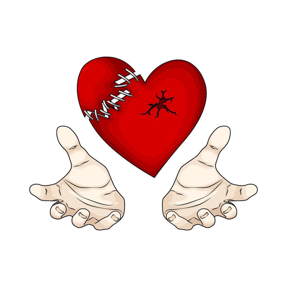 hand with stitched red heart illustration vector