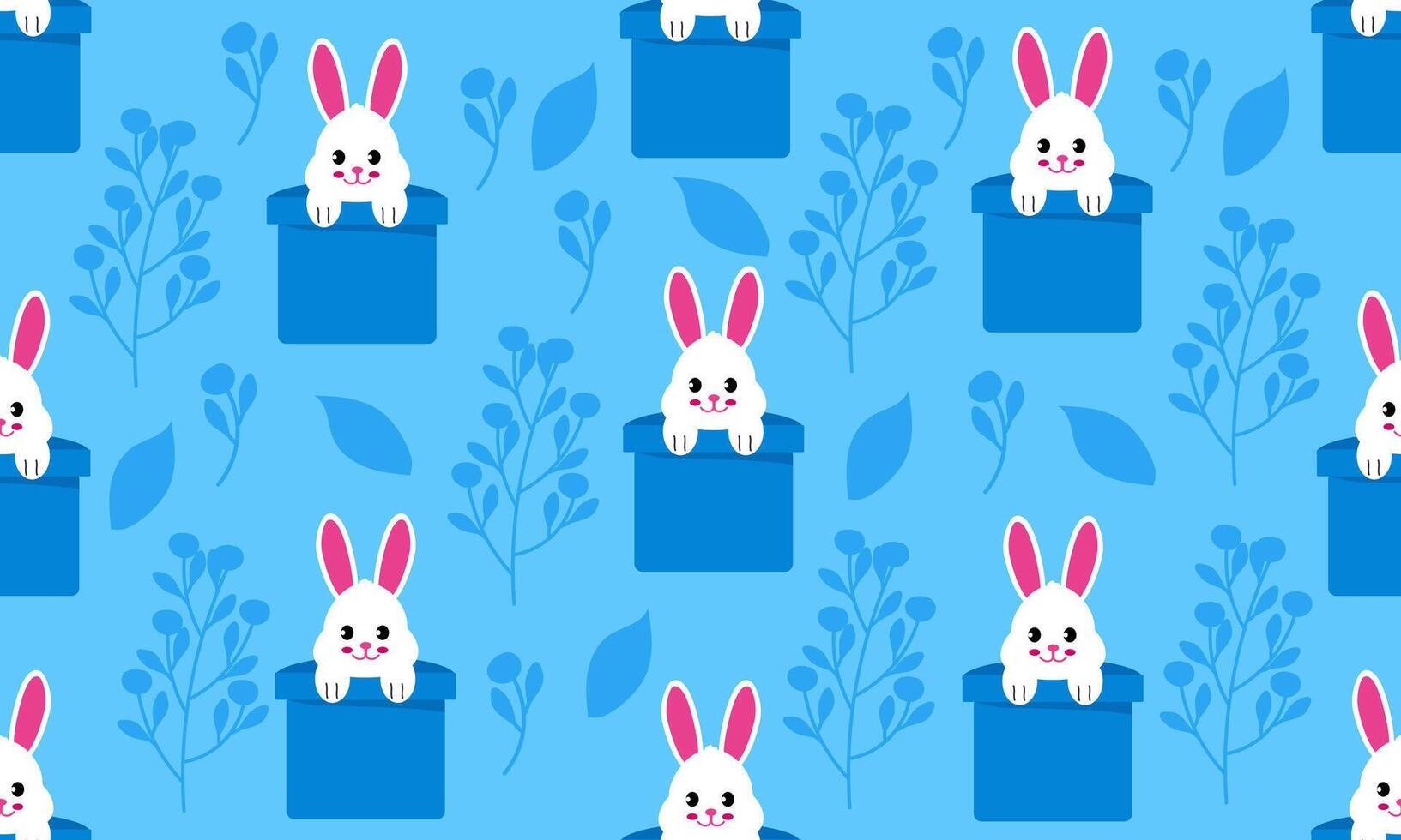 A bright pattern of plants and a bunny in a box on a blue background. An element for printing, postcards, posters vector