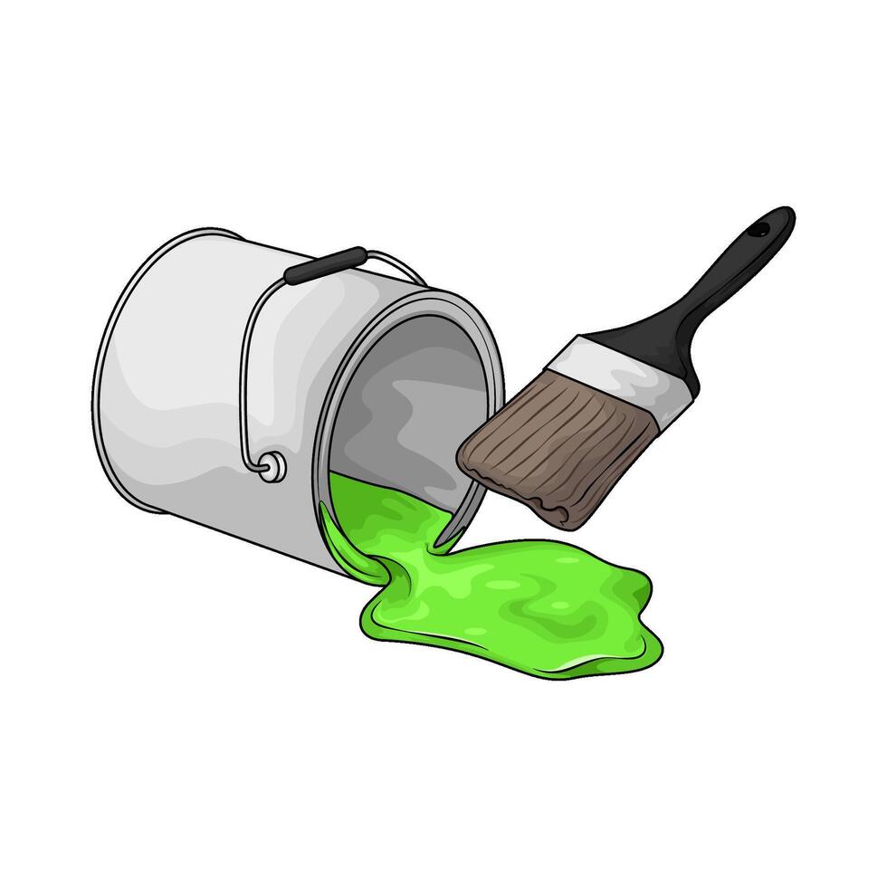 green paint bucket and paint brush vector