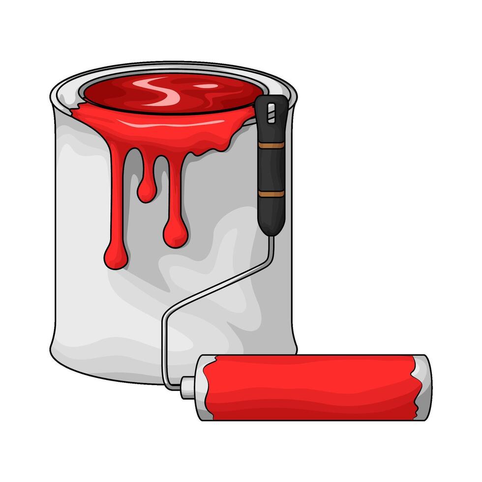 illustration of red paint bucket with paint roller vector