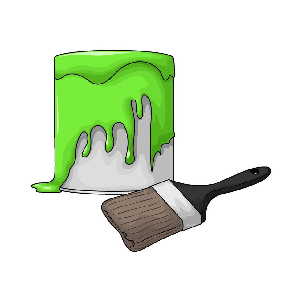 green paint bucket with paint brush illustration vector