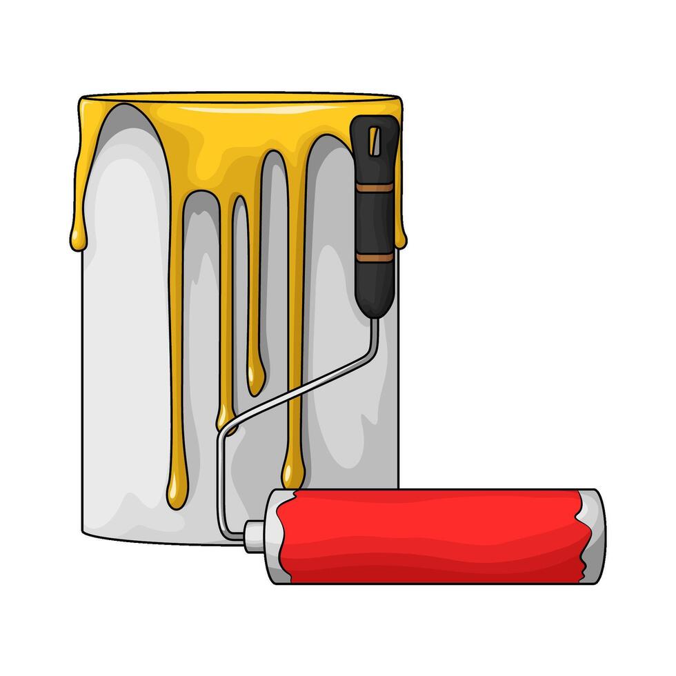 yellow paint bucket with paint roller vector