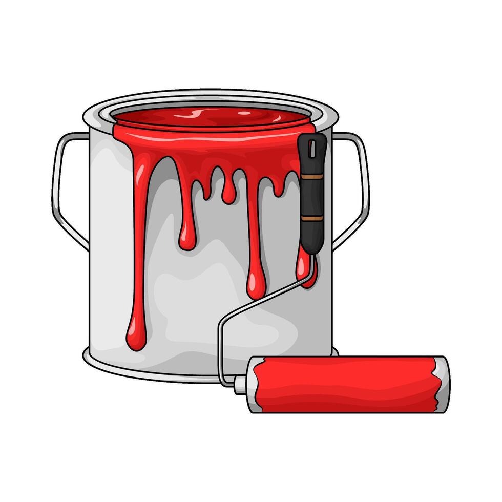 red paint bucket with paint roller vector