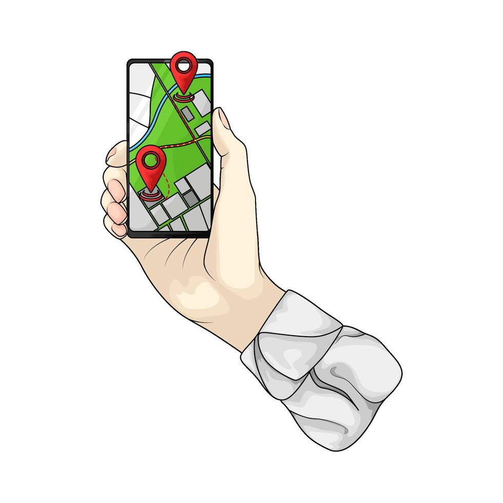illustration of hand holding map on smartphone vector
