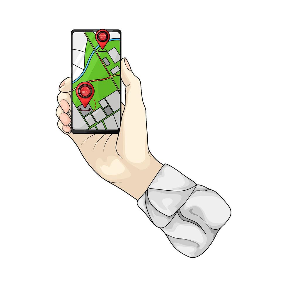 illustration of hand holding map on cellphone vector