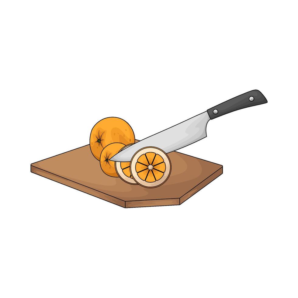 cutting orange on a wooden chopping board vector