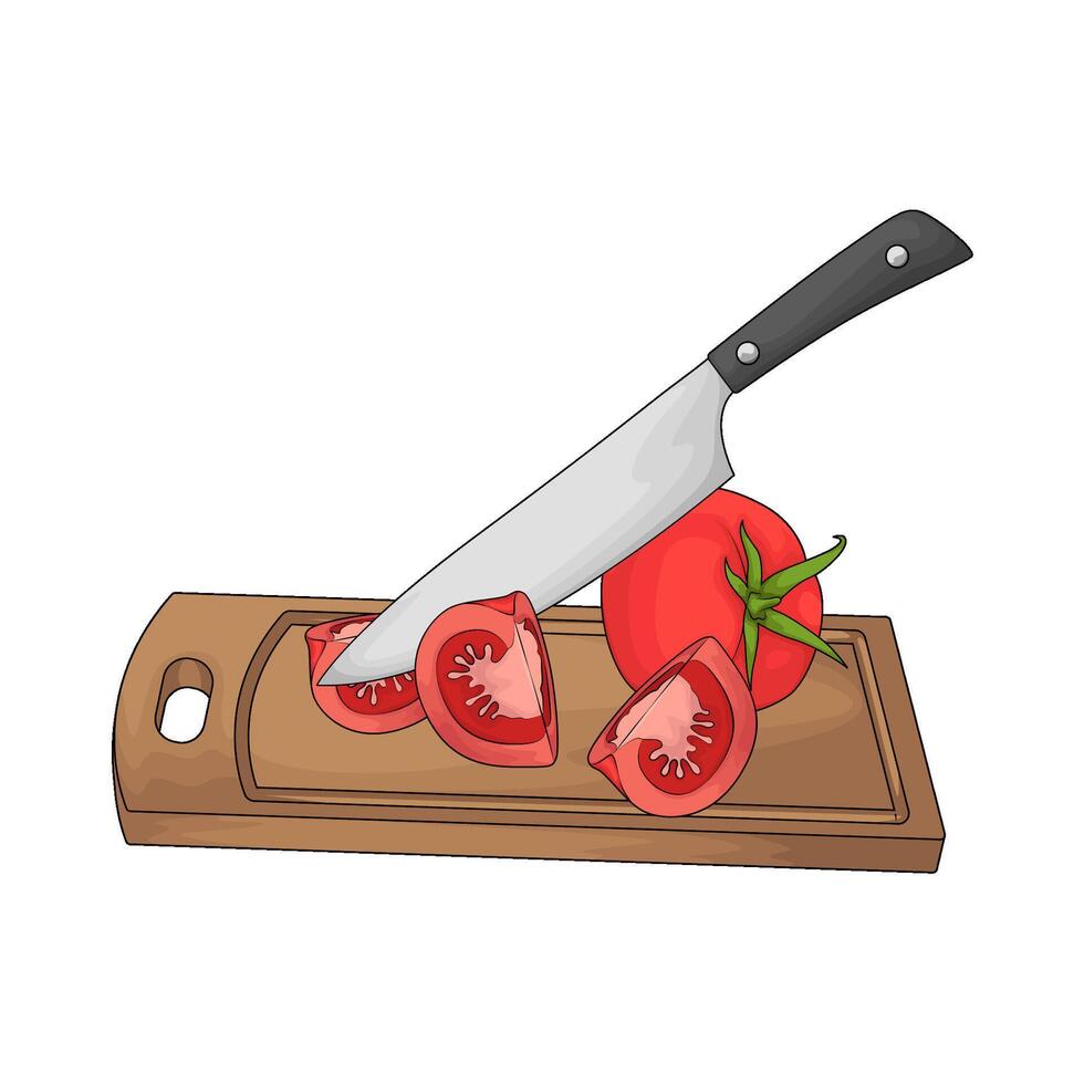 a chopping board used as a base for cutting tomato vector