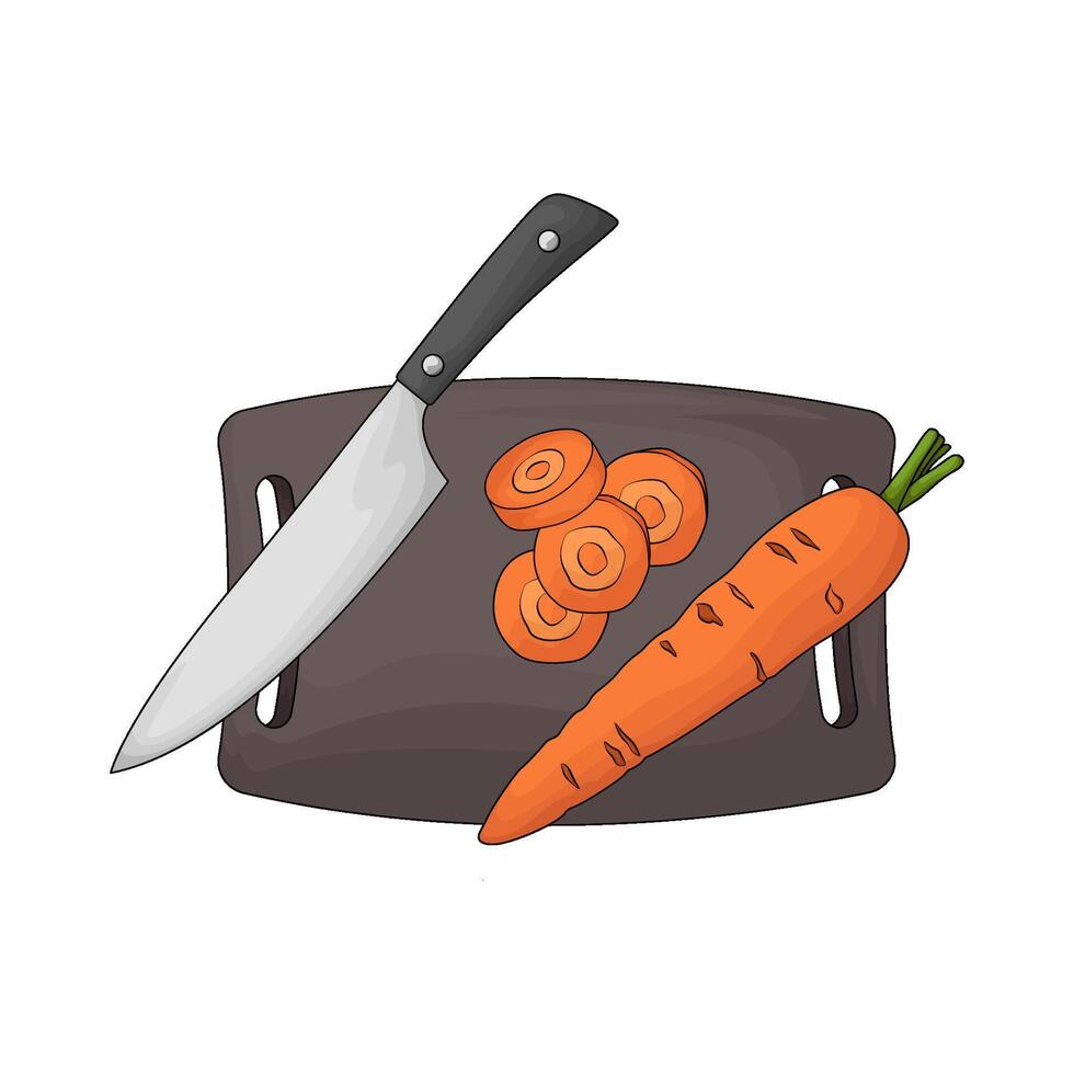 a chopping board used as a base for cutting fresh carrot illustration vector