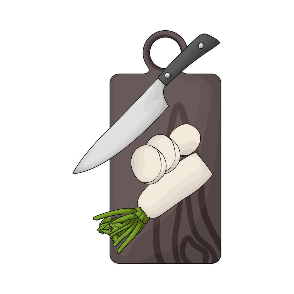 a chopping board used as a base for cutting radish illustration vector