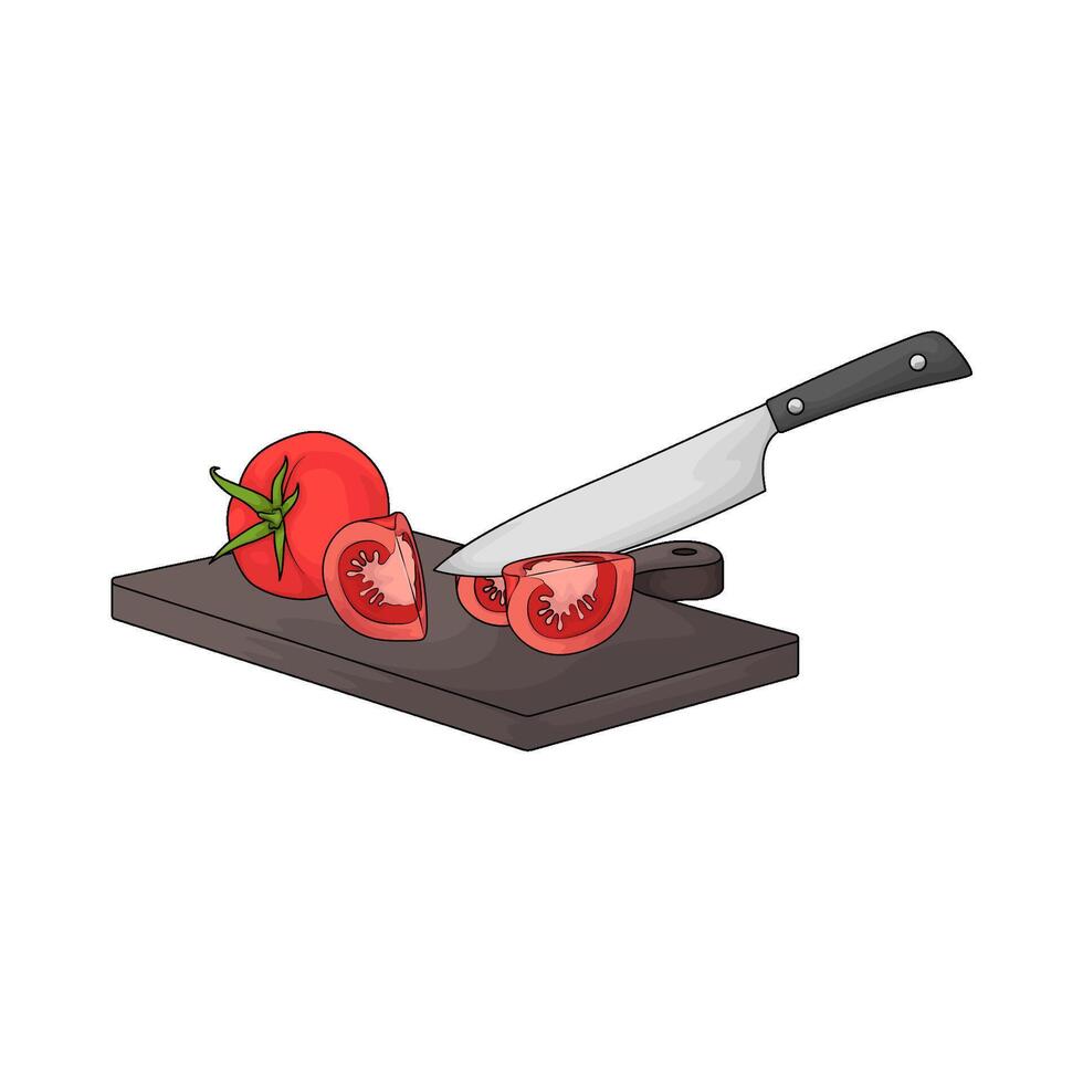 a chopping board used as a base for cutting tomato illustration vector