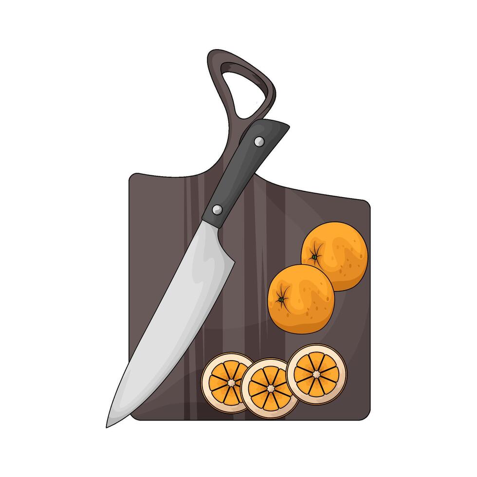 a chopping board used as a base for cutting orange fruit illustration vector