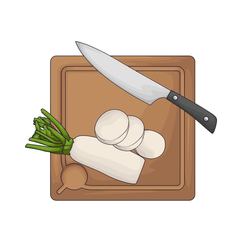 illustration of a chopping board used as a base for cutting fresh radish vector