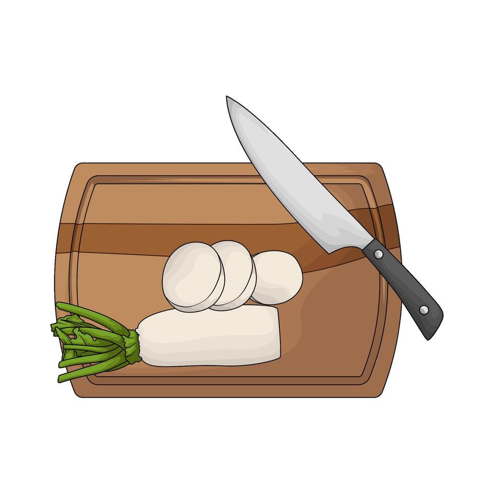 a chopping board used as a base for cutting radish vector