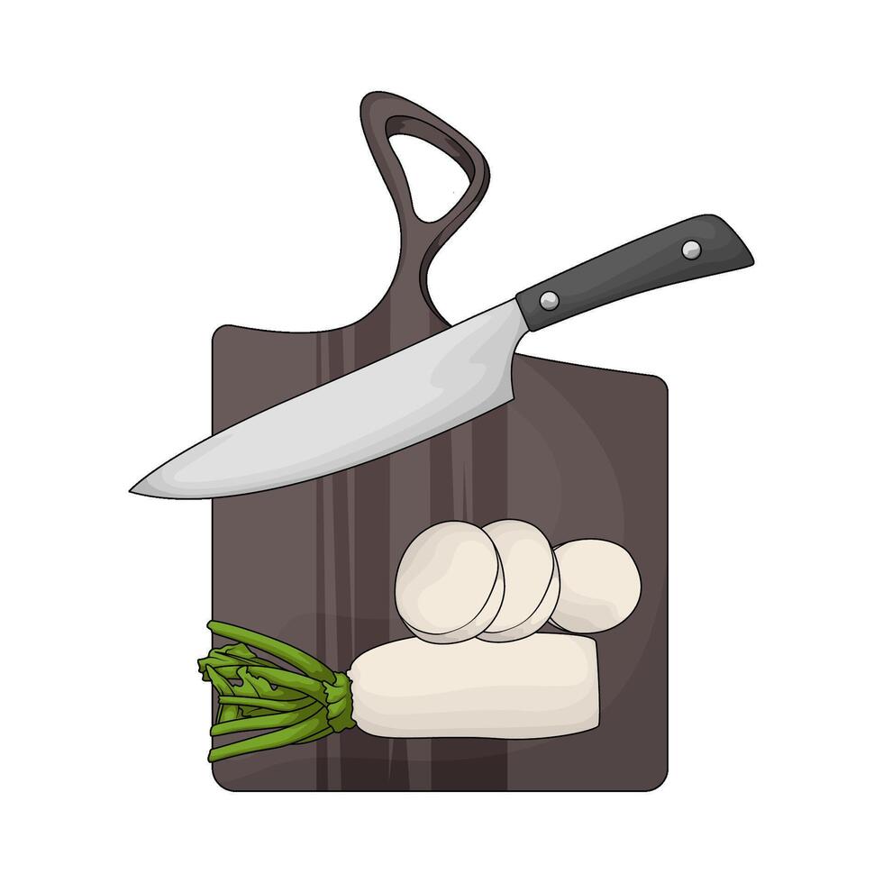 a chopping board used as a base for cutting fresh radish vector