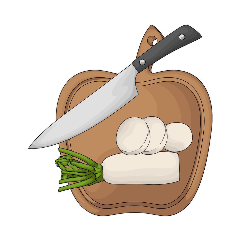 a chopping board used as a base for cutting fresh radish illustration vector