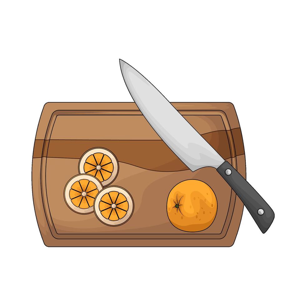 a chopping board used as a base for cutting orange illustration vector