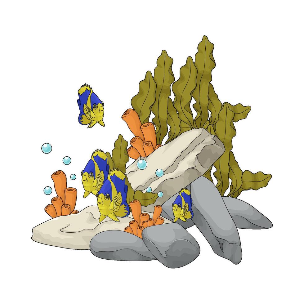 illustration of fish surrounding seaweed and coral vector