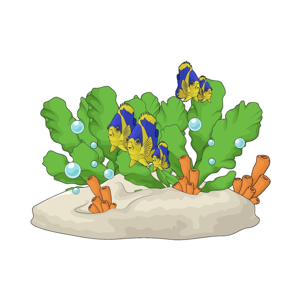 fish surrounding seaweed and coral illustration vector