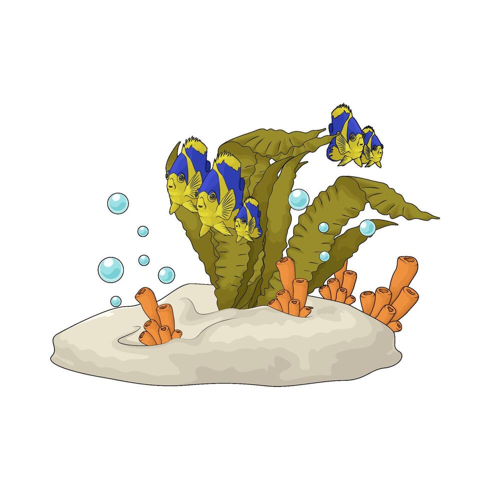 tropical fish surrounding seaweed with coral vector