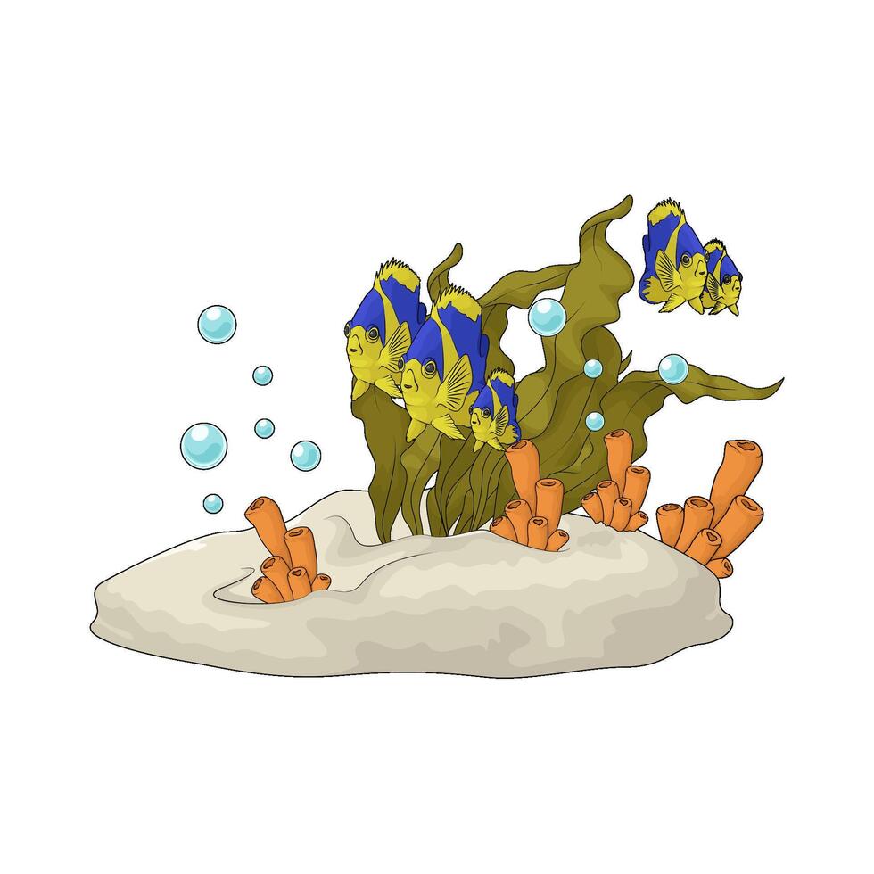 tropical fish surrounding seaweed and coral vector