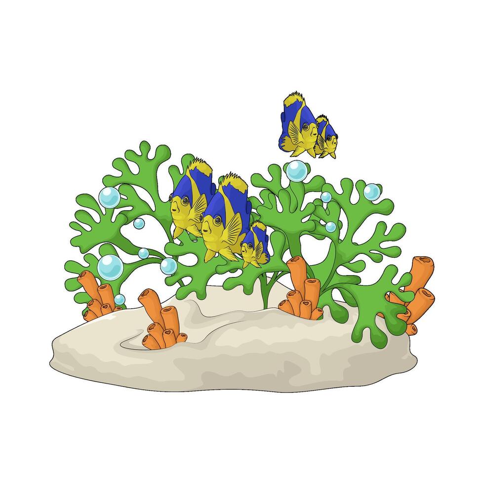 coral and seaweed with tropical fish illustration vector